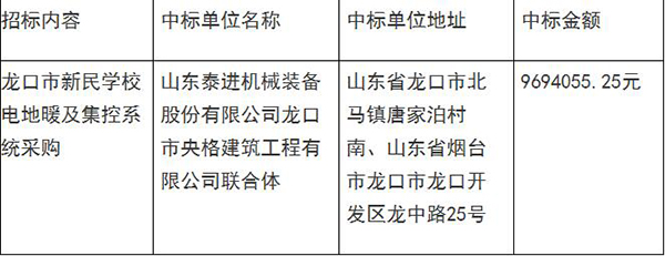 龍口市新民學(xué)校電地暖及集控系統(tǒng)采購項(xiàng)目中標(biāo)公告