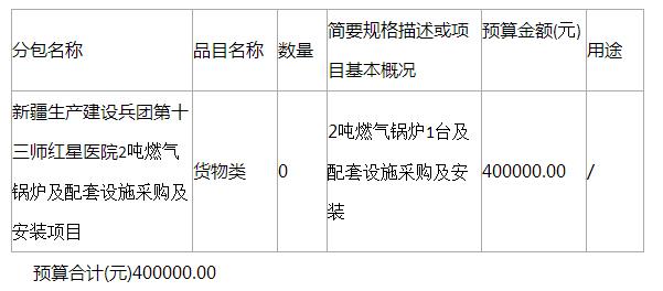 新疆生產(chǎn)建設(shè)兵團第十三師紅星醫(yī)院2噸燃氣鍋爐及配套設(shè)施采購及安裝項目招標(biāo)公告